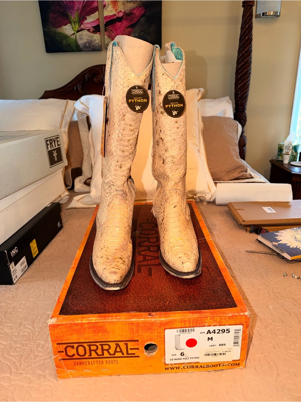 Corral Cream Python Leather Tall Western Boots with Turquoise Lining